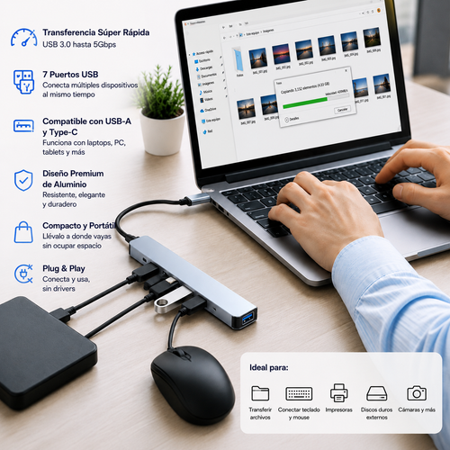 CONECTOR HUB  USB TIPO C 7 en 1 de Alta Velocidad