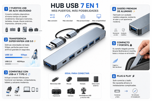 CONECTOR HUB  USB TIPO C 7 en 1 de Alta Velocidad